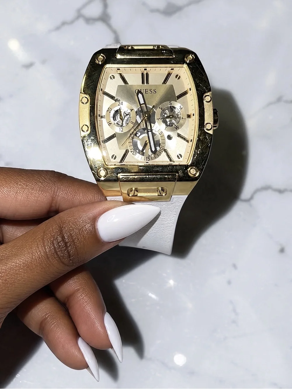 GUESS Gold-Tone Chronograph Watch with White Strap